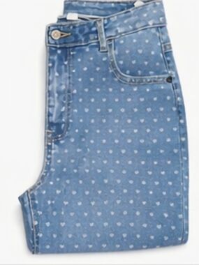 Blue Heart-Print Wide Leg Women's Jeans